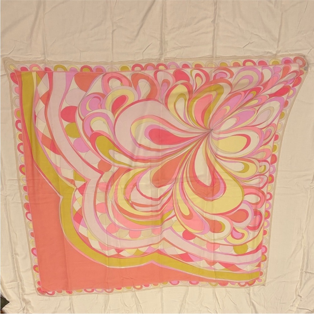 Emilio Pucci Pink Yellow Cream Abstract Swirl Silk Scarf